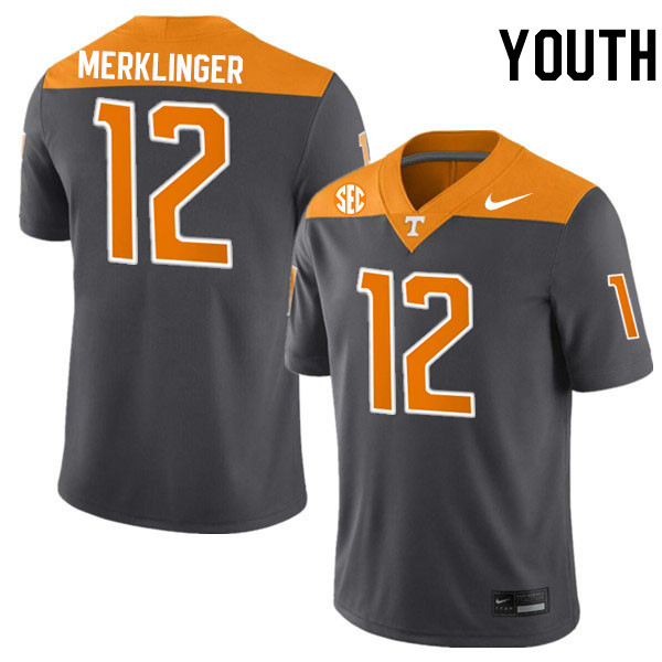 Youth #12 Jake Merklinger Tennessee Volunteers College Football Jerseys Stitched-Anthracite